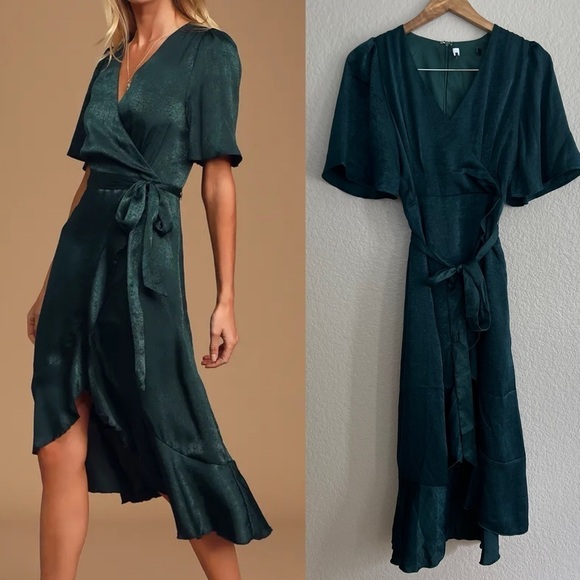 Lulus Dresses & Skirts - Love Dark Green Satin Faux-Wrap Midi Dress